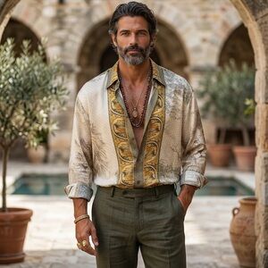 SETA PER UOMO ITALY VINTAGE BAROQUE TRIM LUXURY MENS 90S SILK SHIRT SZ M